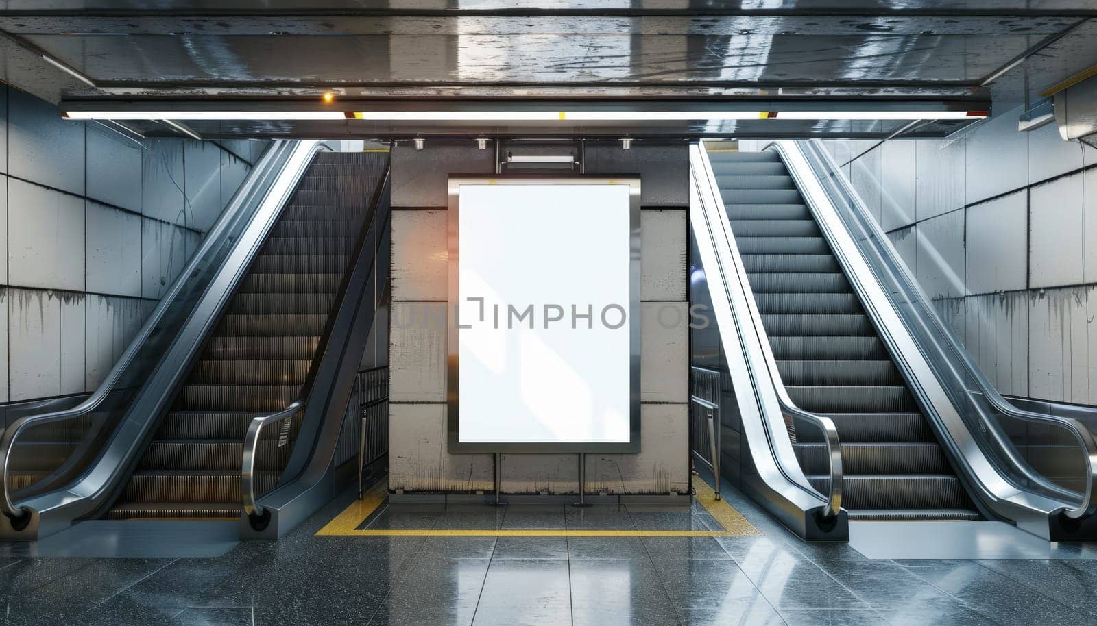 A white and grey subway station with escalators and a large white sign by AI generated image.