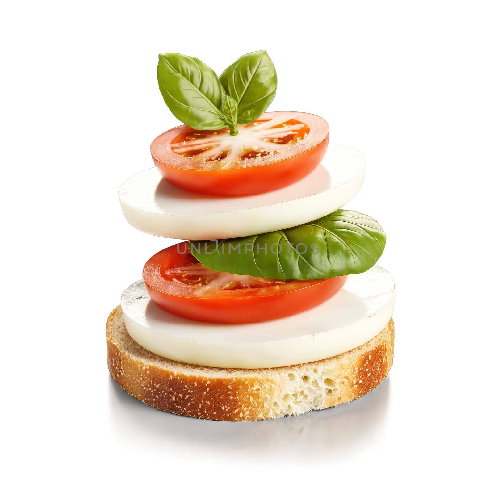 Caprese sandwich fresh mozzarella slice tomato round and basil leaf stacked isolated on transparent Food. Food isolated on transparent background.