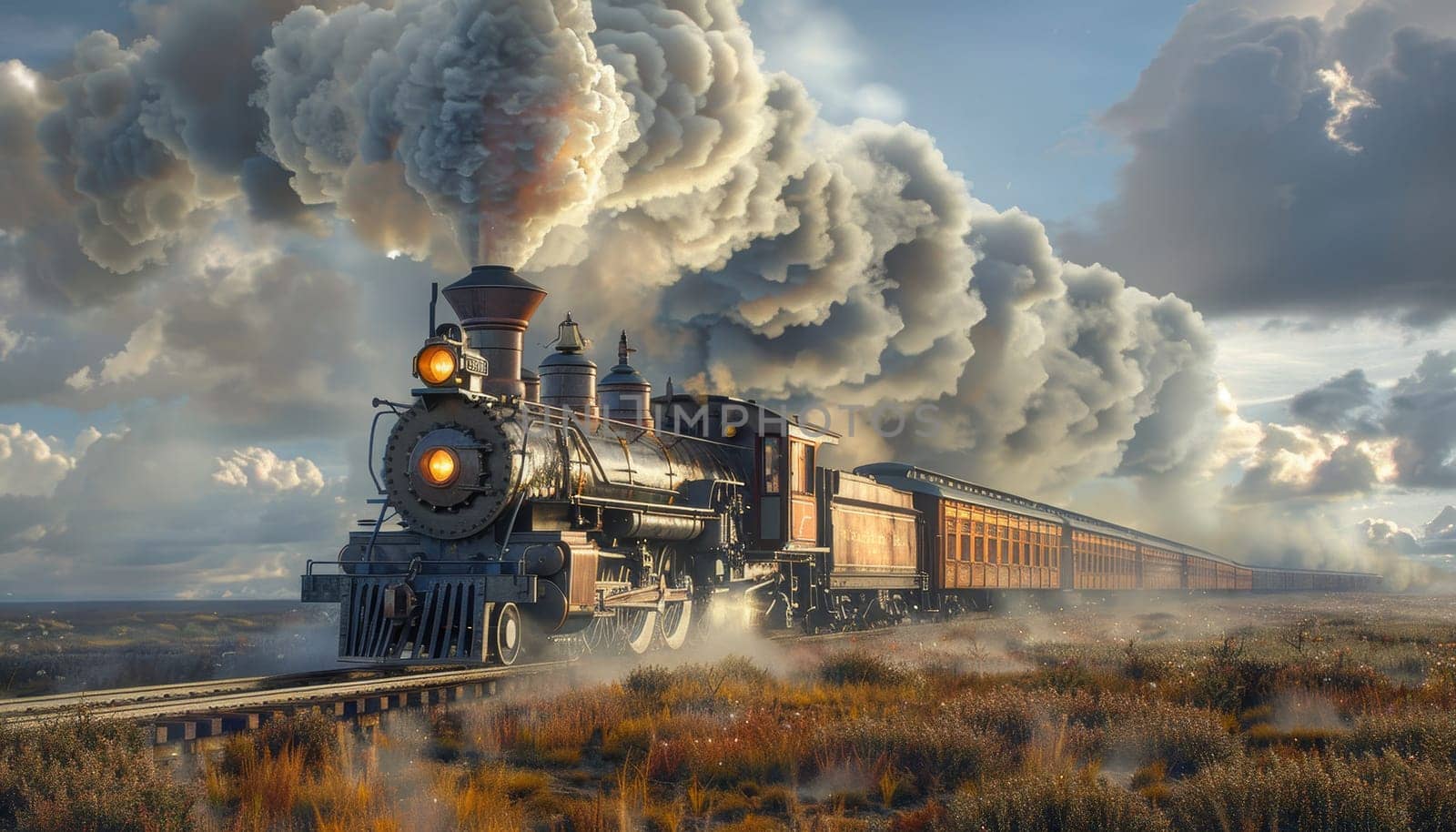 A steam train is traveling down a track with smoke coming out of the engine by AI generated image.