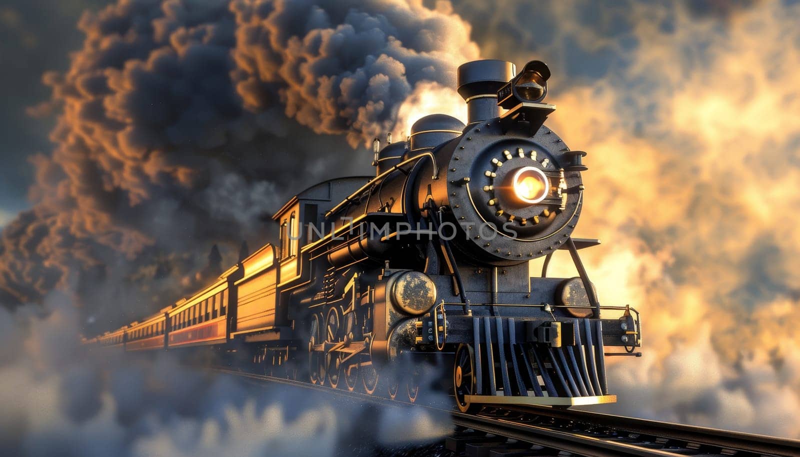 A steam train is traveling down a track with smoke coming out of the engine by AI generated image.