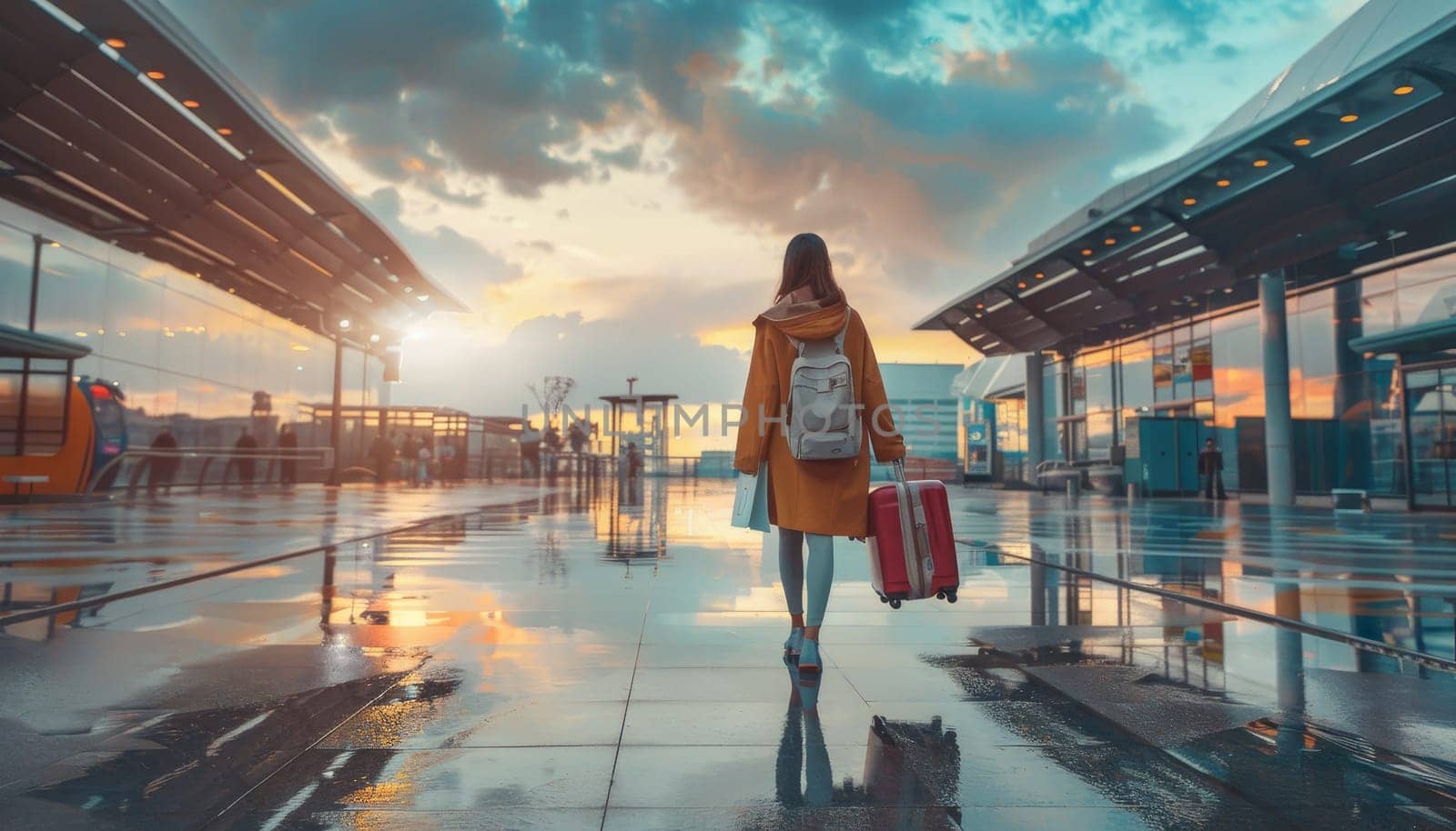 A woman is walking down a wet street with a suitcase by AI generated image.