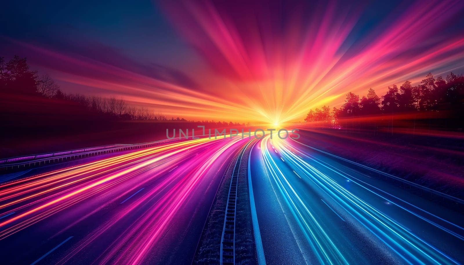 A colorful road with a bright sun in the sky by AI generated image.