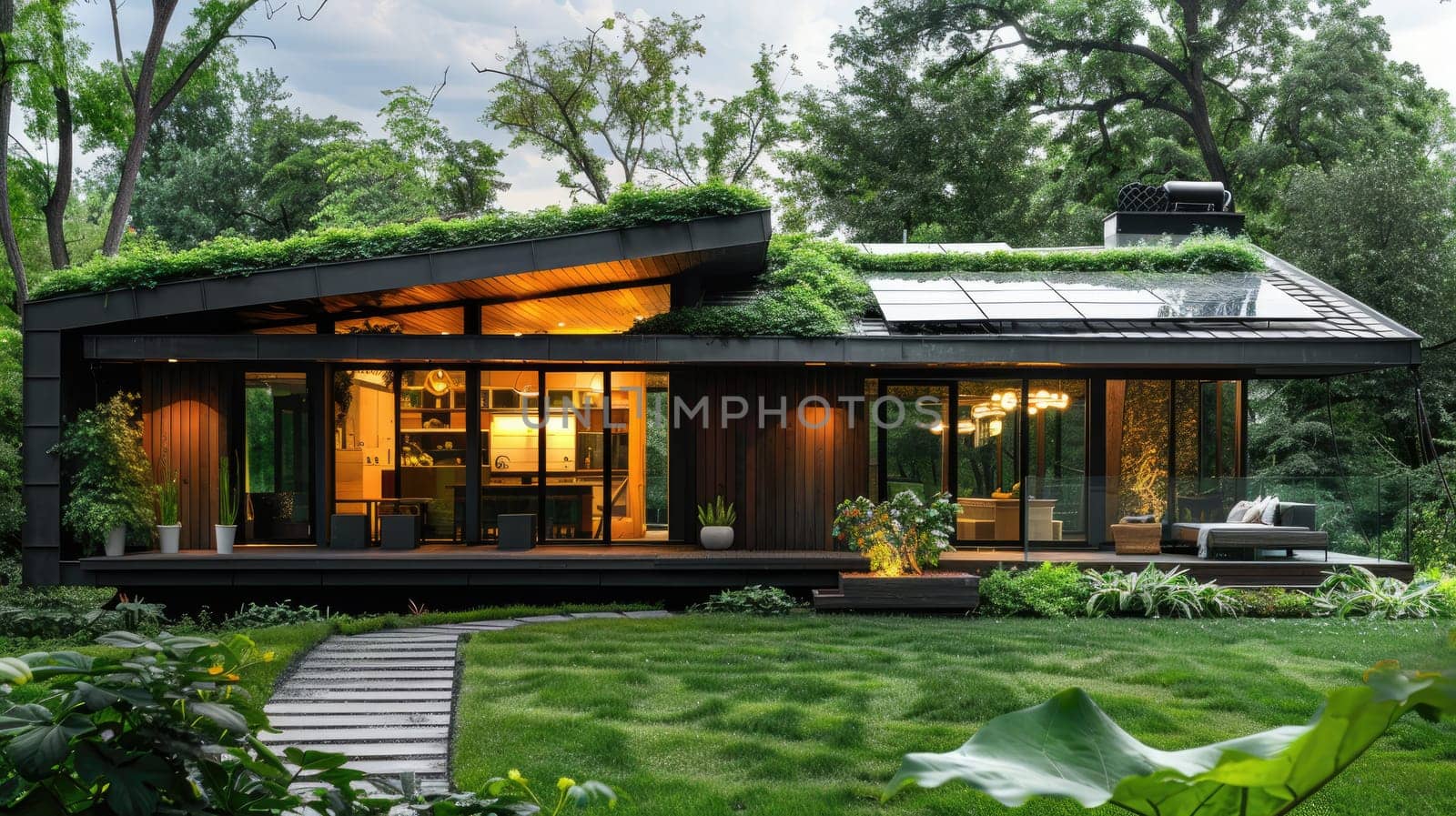Modern Eco-Friendly Home with Green Roof, Solar Panels, and Sustainable Garden Views.