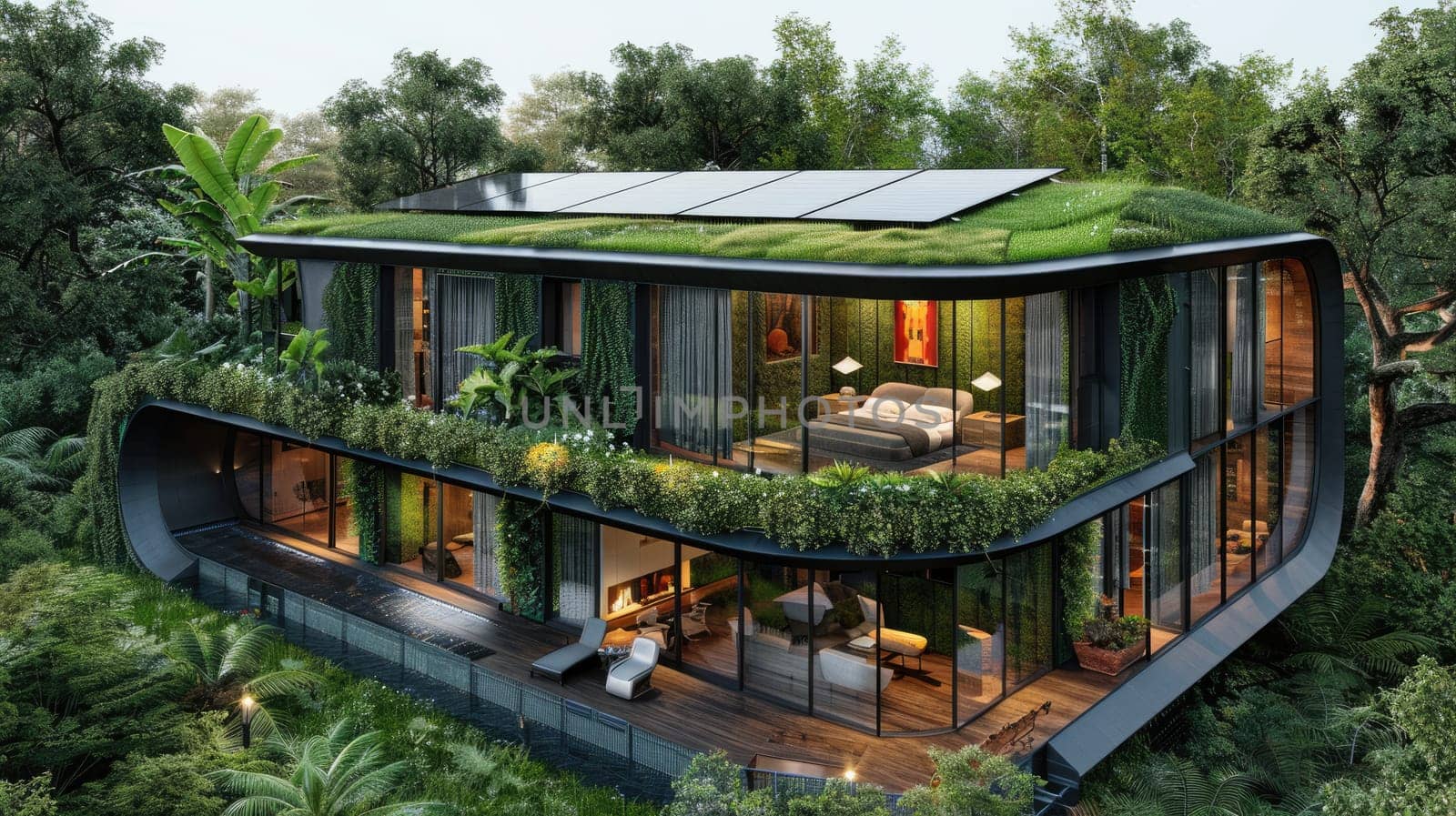 Modern Eco-Friendly Home with Green Roof, Solar Panels, and Sustainable Garden Views.