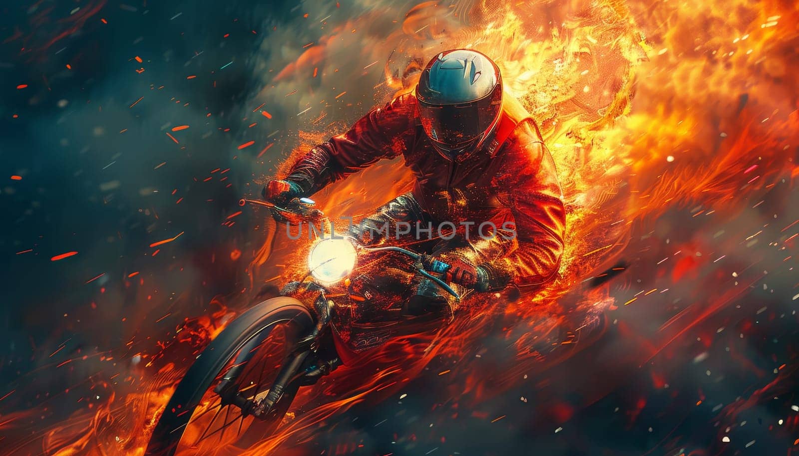 A man is riding a motorcycle through a fiery explosion by AI generated image.