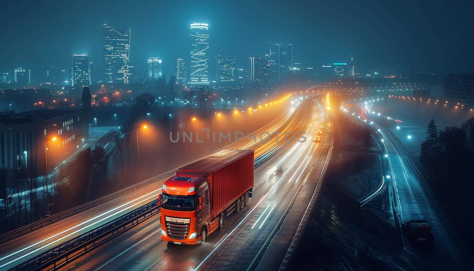 A large orange semi truck is driving down a highway at night by AI generated image.