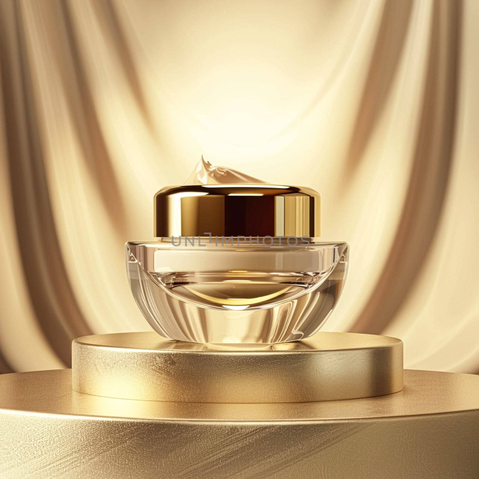 Face cream in a glass jar on a white and gold background. Skin care concept. Backdrop for beauty cosmetic products