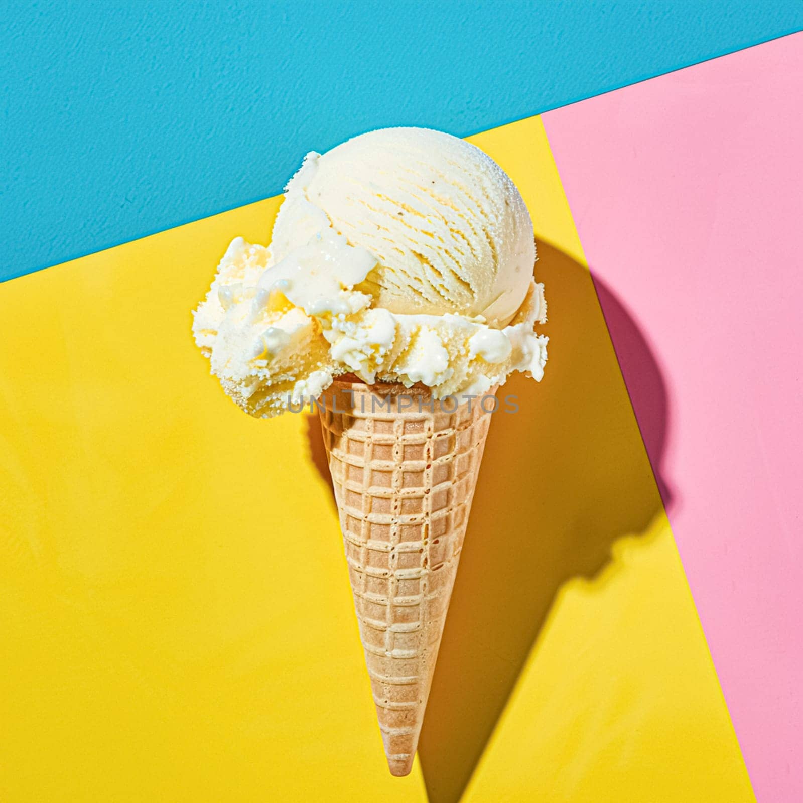 Scoops of ice cream in a waffle cone on a colorful background