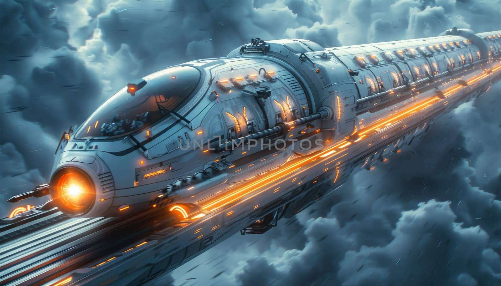 A futuristic train is flying through the sky by AI generated image.