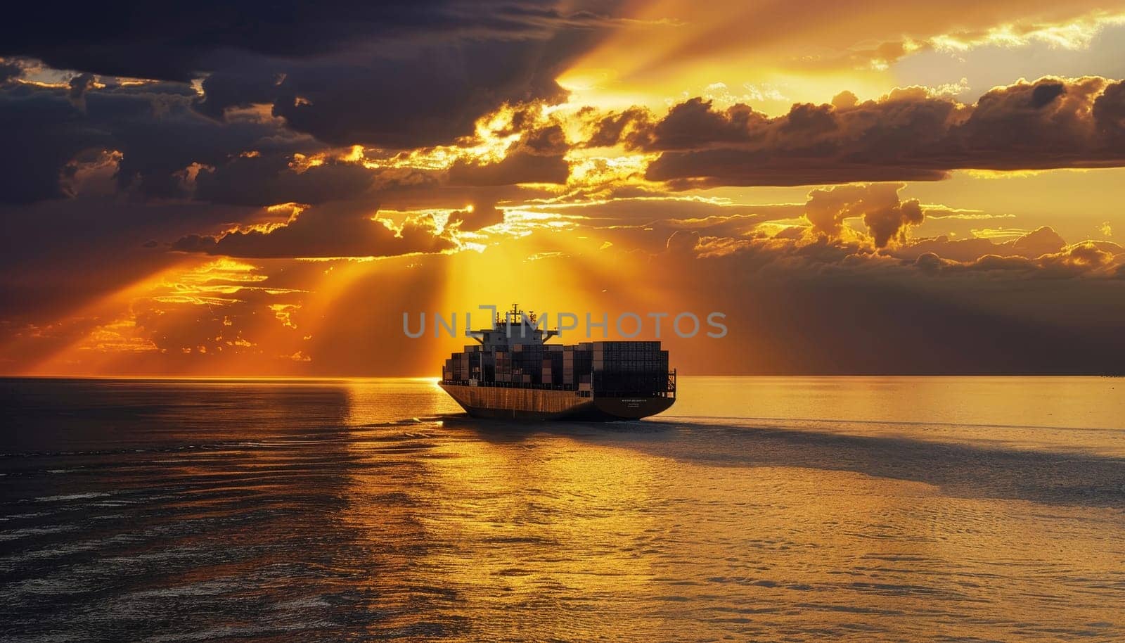 A large ship is sailing on the ocean with a beautiful sunset in the background by AI generated image.