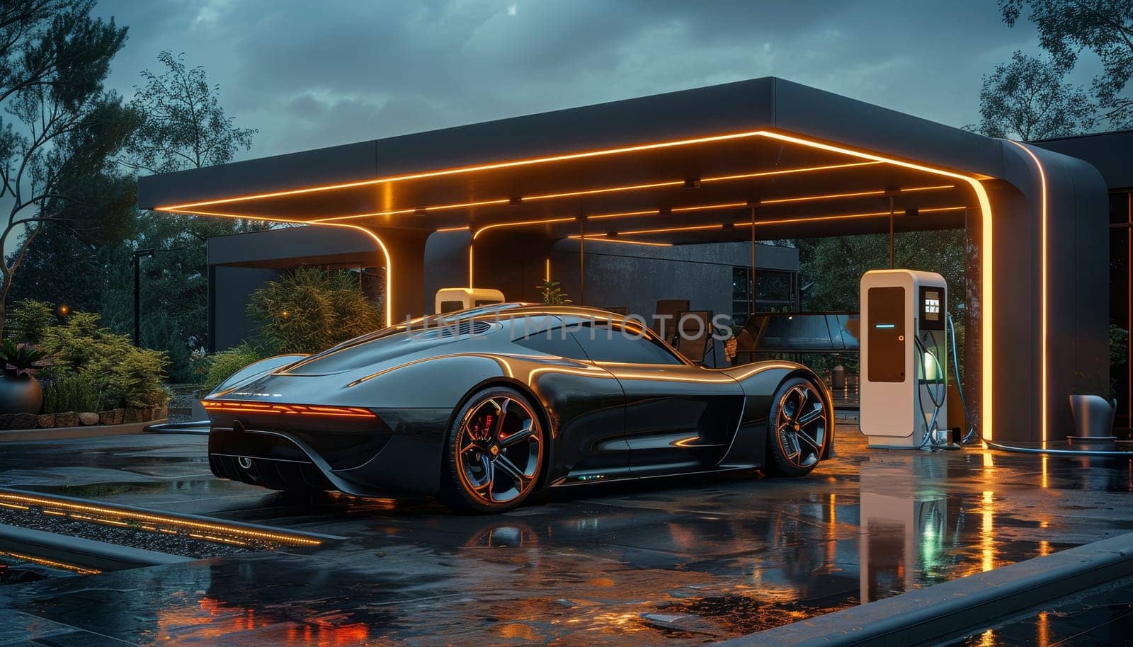 A futuristic car is parked at a gas station with neon lights by AI generated image.