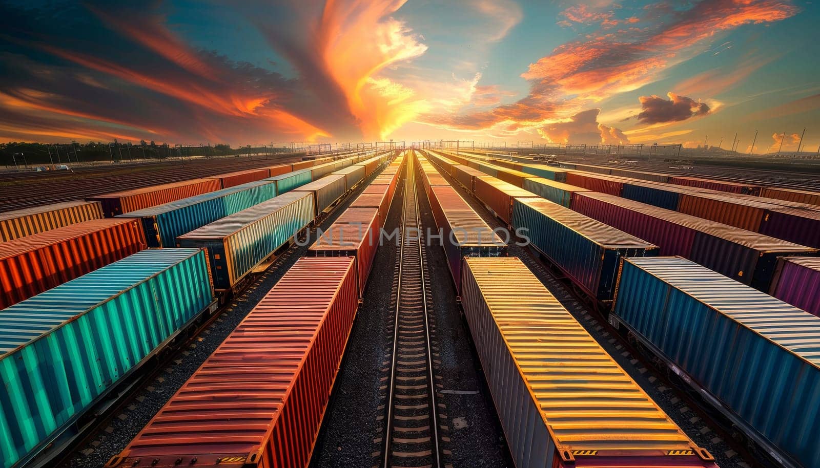 A train yard with many different colored containers by AI generated image.