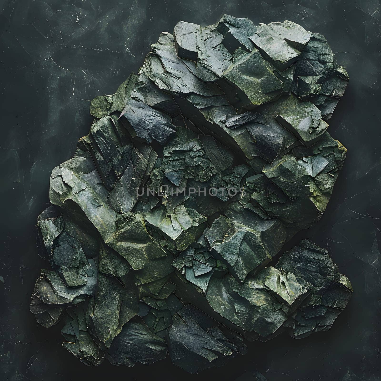 A close up still life photography of bedrock rocks arranged in a pattern on a black surface, blending in with the camouflage of the military background