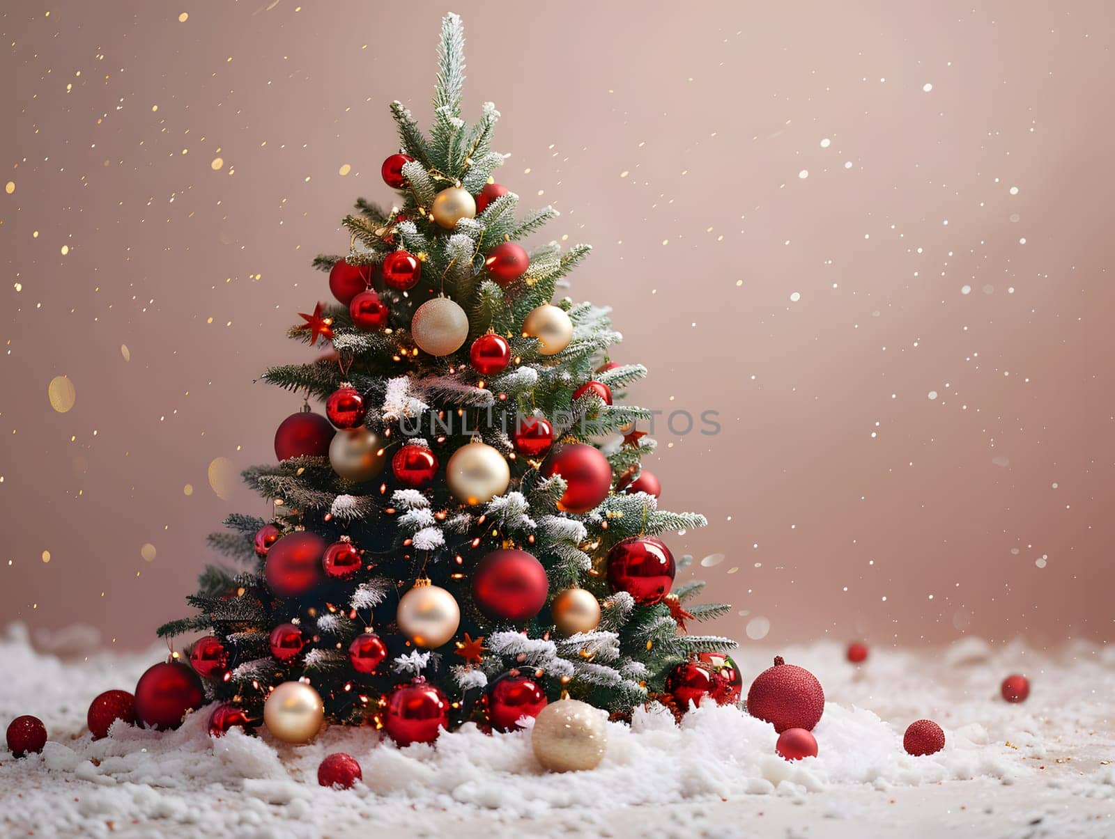 A festive Christmas tree adorned with red and gold ornaments is standing proudly in the snowy landscape