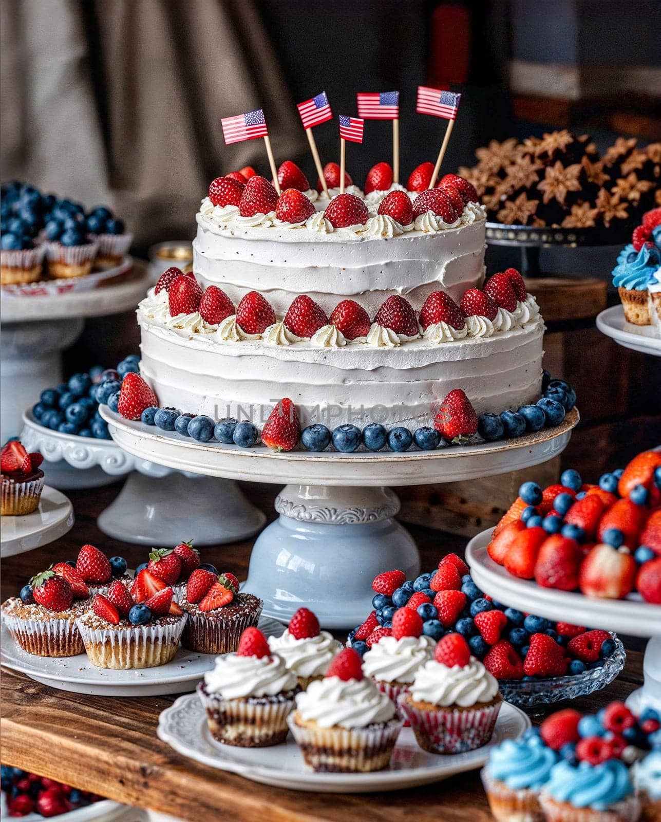 Patriotic dessert table with vibrant red, blue, white treats