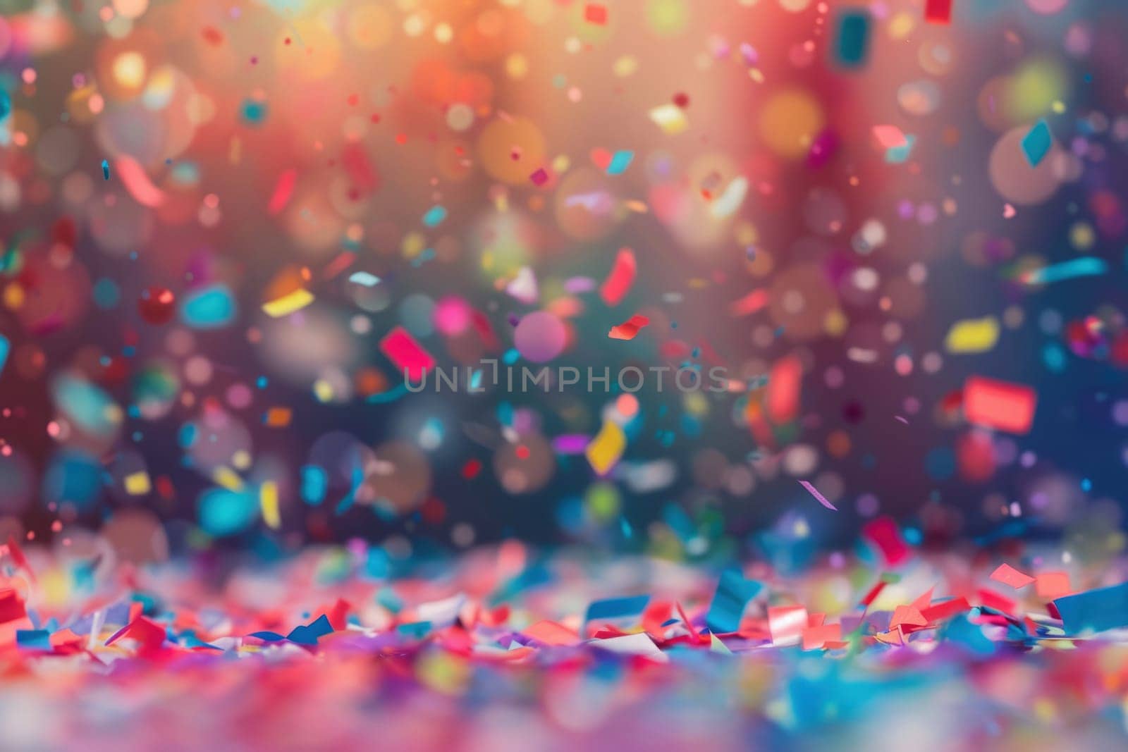 Colorful confetti on blurred background, copy space, during celebration event at evening