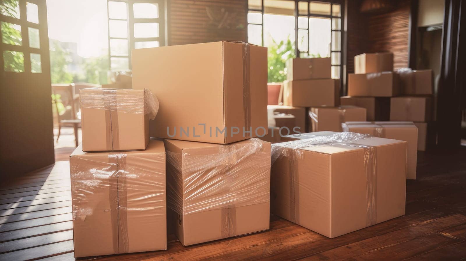 Moving in. Stack of cardboard boxes in the empty room with copy space Moving to a new house, housewarming, lending to a young family, housewarming in a new house, loan or leasing from a bank, real estate, for commercial use