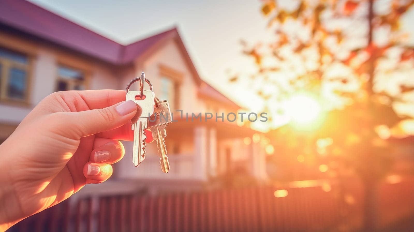 A hand holds house keys against the background new house during a move. A real estate agent hands over keys to a house. Moving new house, housewarming, lending to a young family, housewarming in a new house, loan or leasing from a bank, real estate