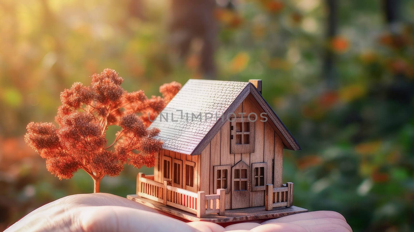Hands hold a small wooden house against the backdrop of a green forest. Symbol of construction, safety or sweet home concept. Moving to a new house, housewarming, housewarming in a new house, loan or leasing from a bank, real estate, commercial use