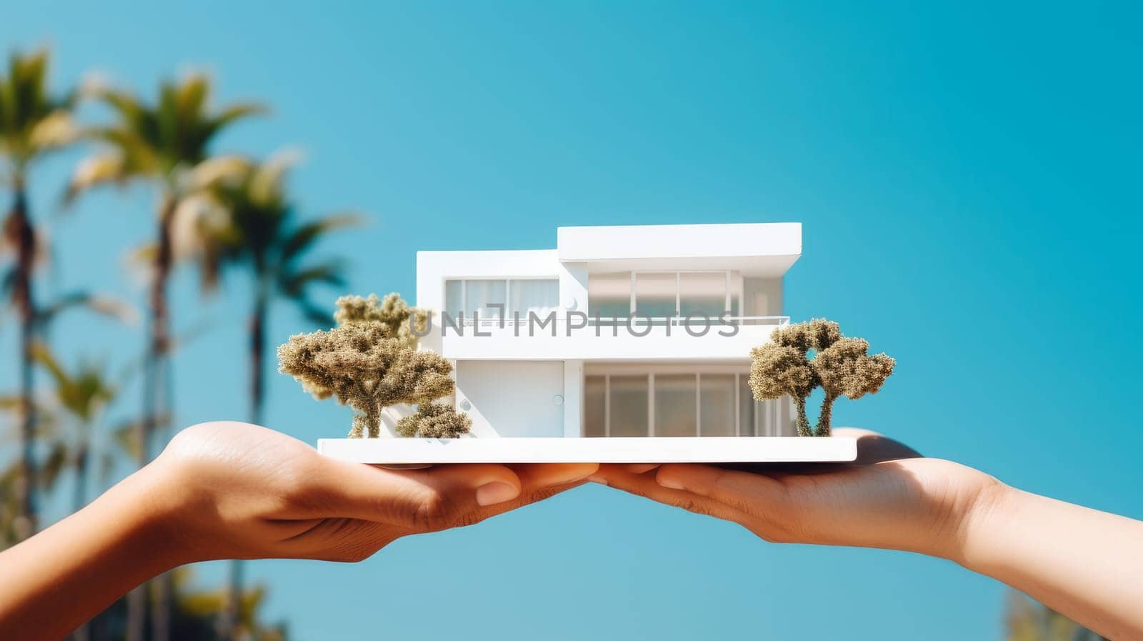 Mockup of a modern house on hand against a background of blue sky and palm trees, energy resources, environmentally friendly. Moving to a new house, housewarming, housewarming in a new house, loan leasing from a bank, real estate, for commercial use