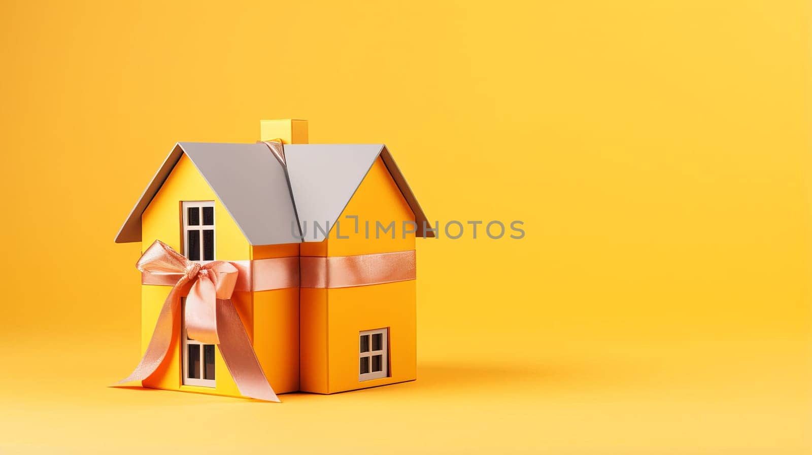 House mockup in gift tape on yellow background, gift, moving, real estate Moving to a new house, housewarming, lending to a young family, housewarming in a new house, loan or leasing from a bank, real estate, for commercial use