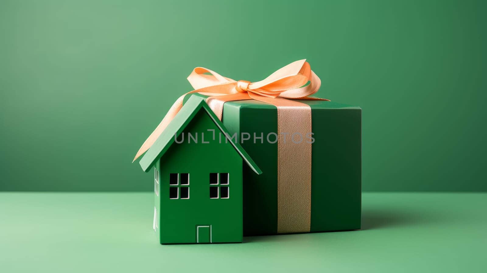 House mockup in gift ribbon on blue background, gift, moving, real estate. Moving to a new house, housewarming, lending to a young family, housewarming in a new house, loan or leasing from a bank, real estate, for commercial use
