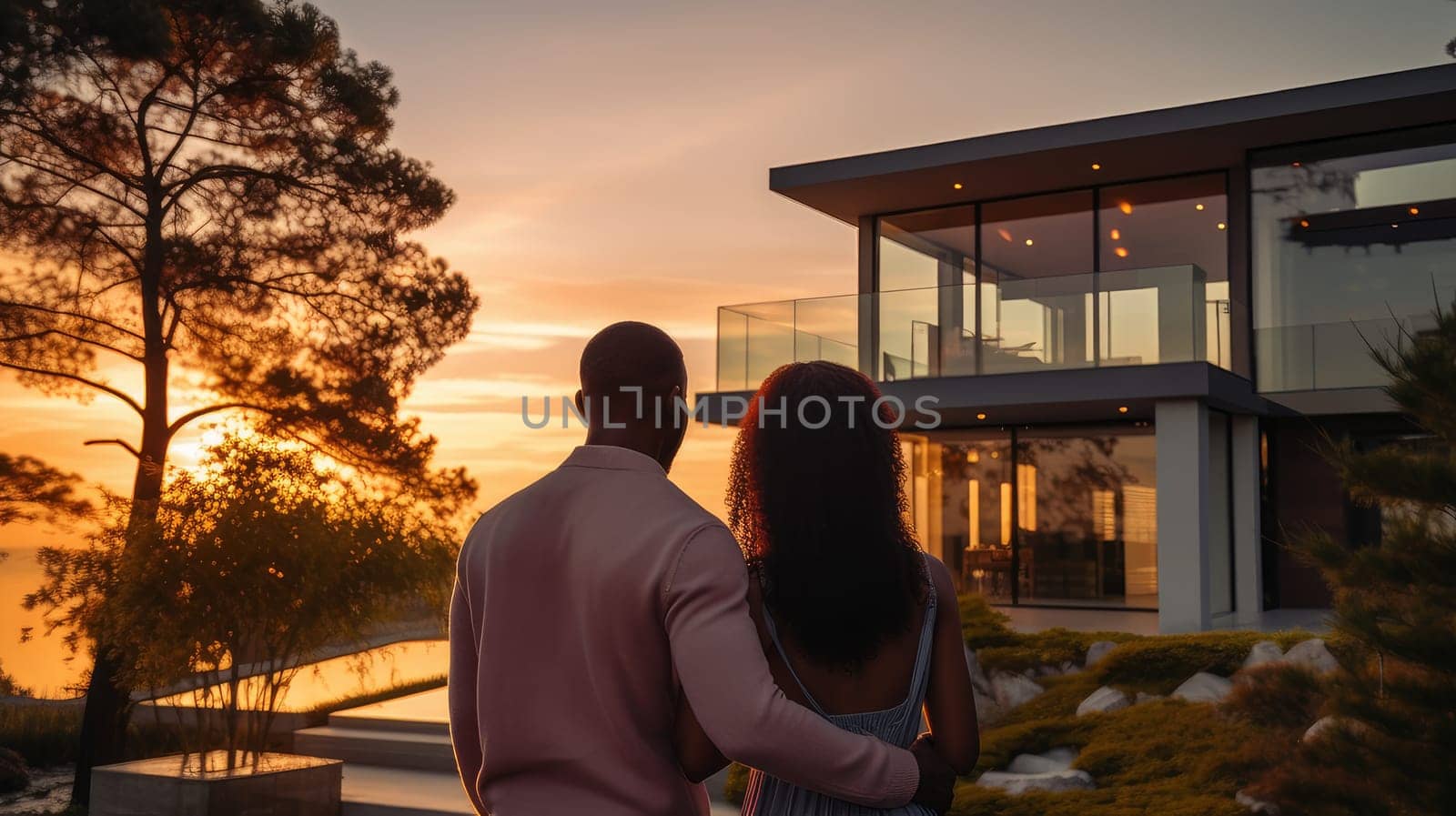 Back portrait of a young African American black couple standing and hugging, happy in front of their new home to start a new life. Moving to a new house, housewarming, lending young family, loan or leasing from a bank, real estate, for commercial use