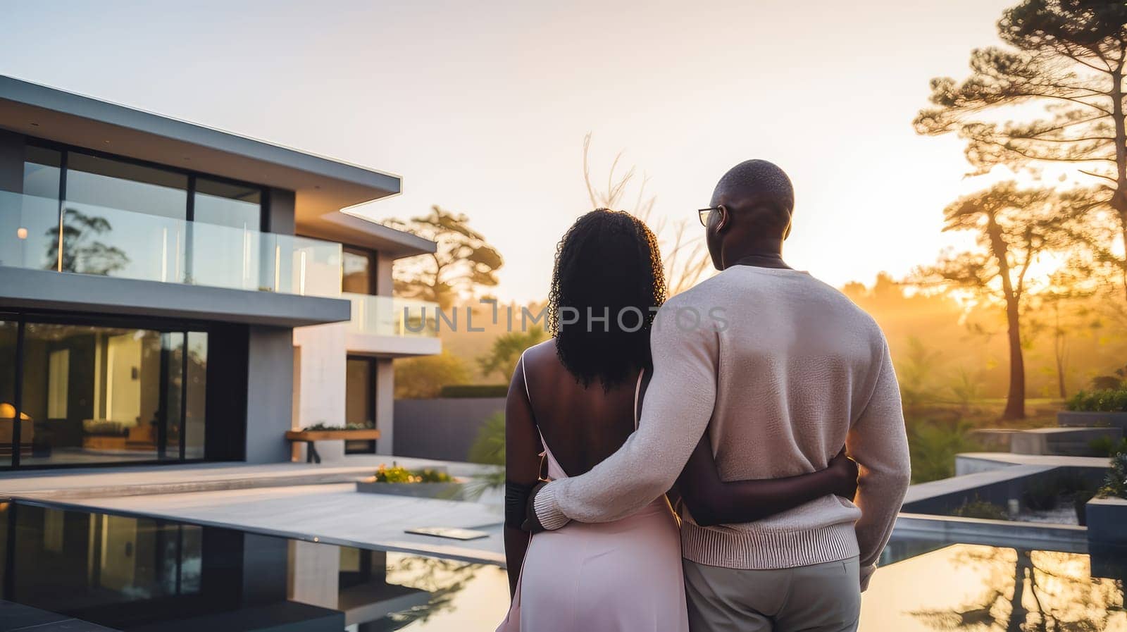 Back portrait of a young African American black couple standing and hugging, happy in front of their new home to start a new life. by Alla_Yurtayeva