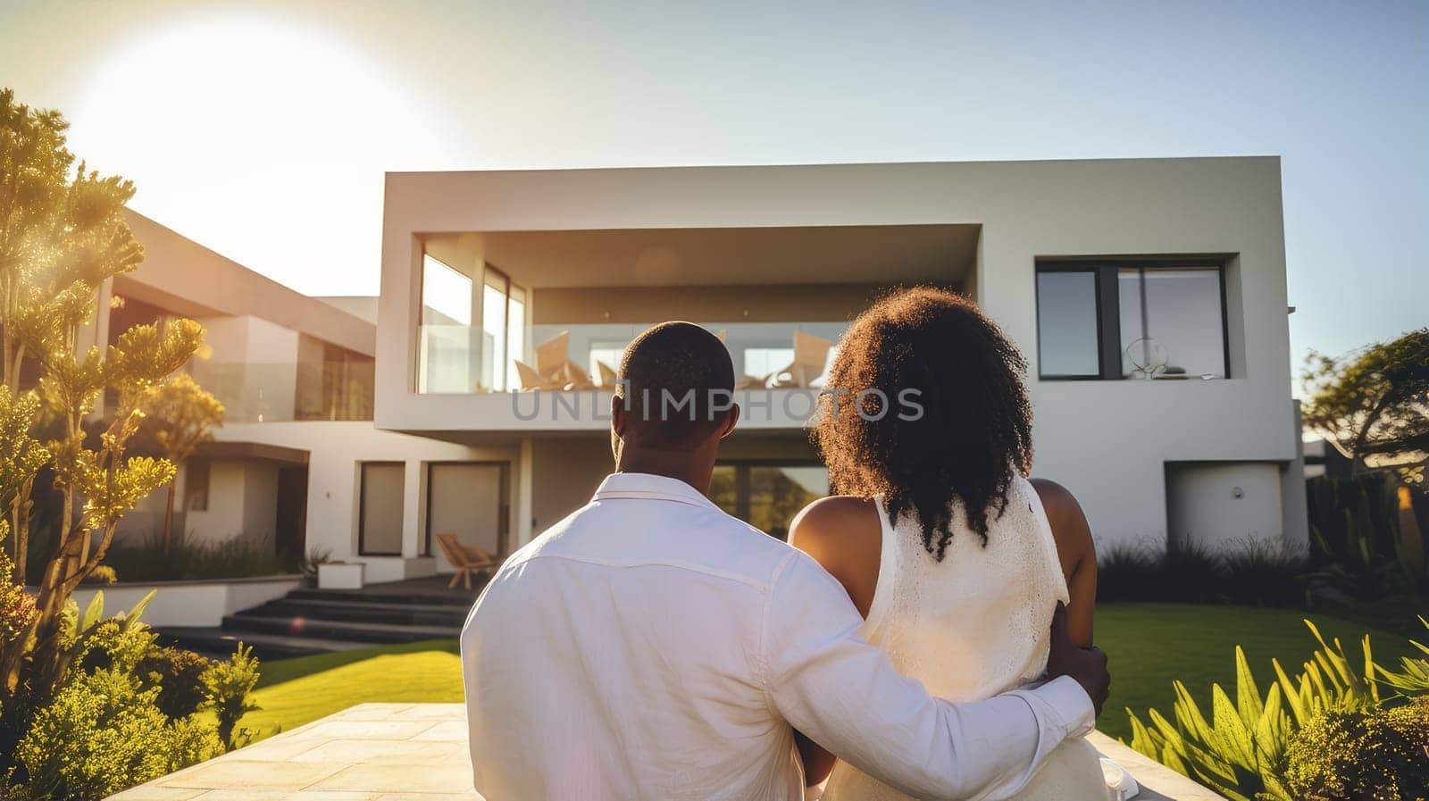 Back portrait of a young African American black couple standing and hugging, happy in front of their new home to start a new life. Moving to a new house, housewarming, lending young family, loan or leasing from a bank, real estate, for commercial use