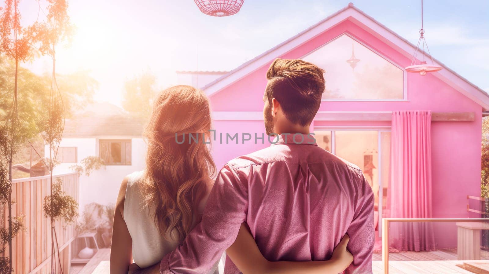 Back portrait of a young couple standing and hugging, happy in front of their new home to start a new life. by Alla_Yurtayeva