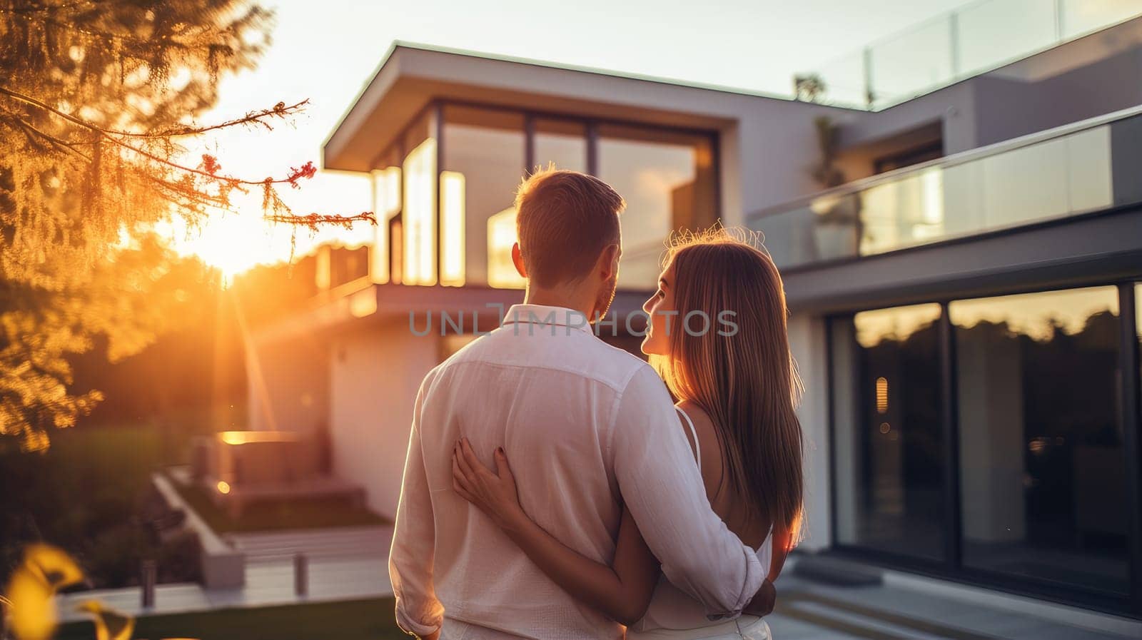 Back portrait of a young couple standing and hugging, happy in front of their new home to start a new life. Moving new house, housewarming, lending young family, housewarming in a new house, loan or leasing from bank, real estate, for commercial use