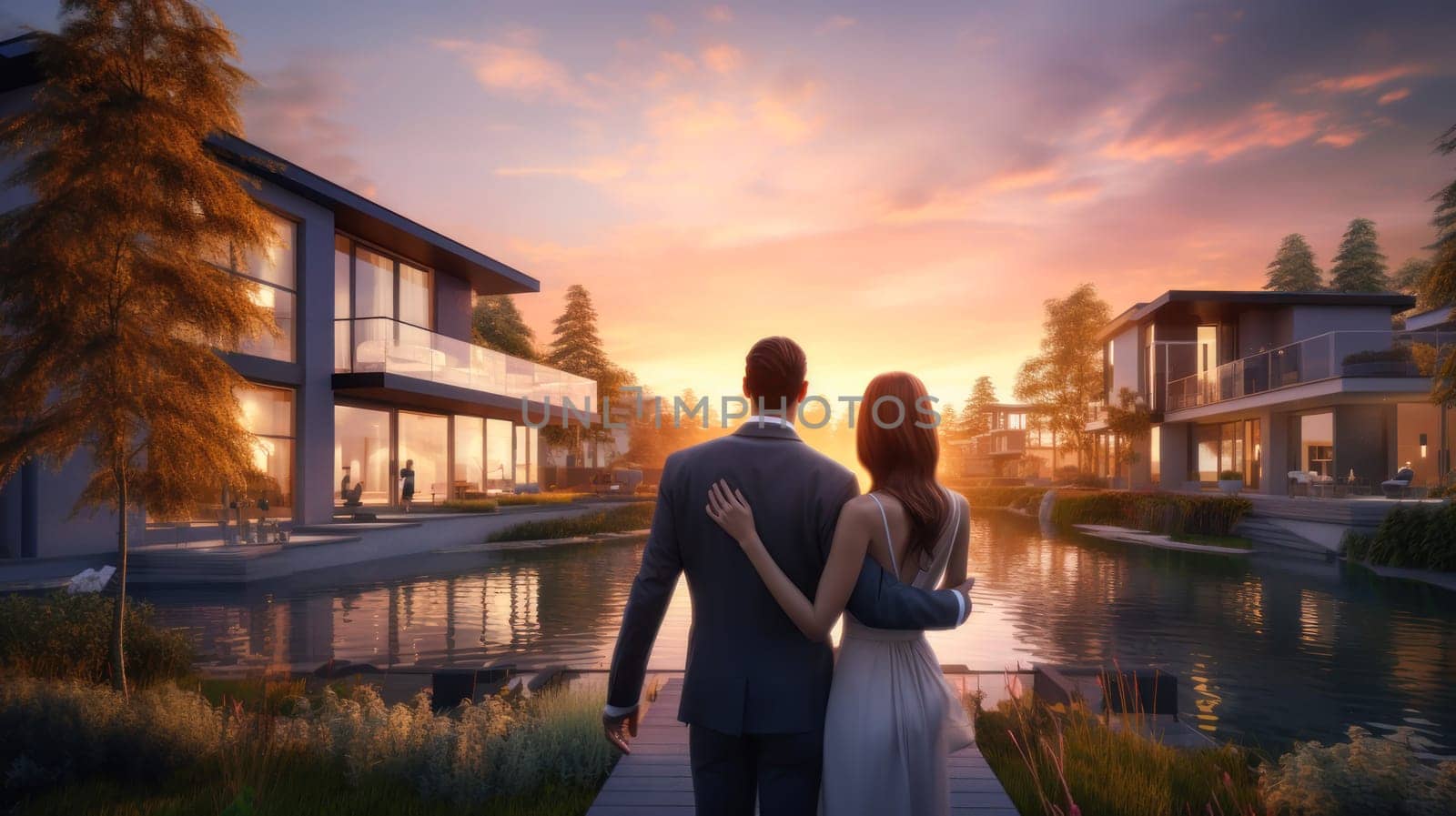 Back portrait of a young couple standing and hugging, happy in front of their new home to start a new life. Moving new house, housewarming, lending young family, housewarming in a new house, loan or leasing from bank, real estate, for commercial use