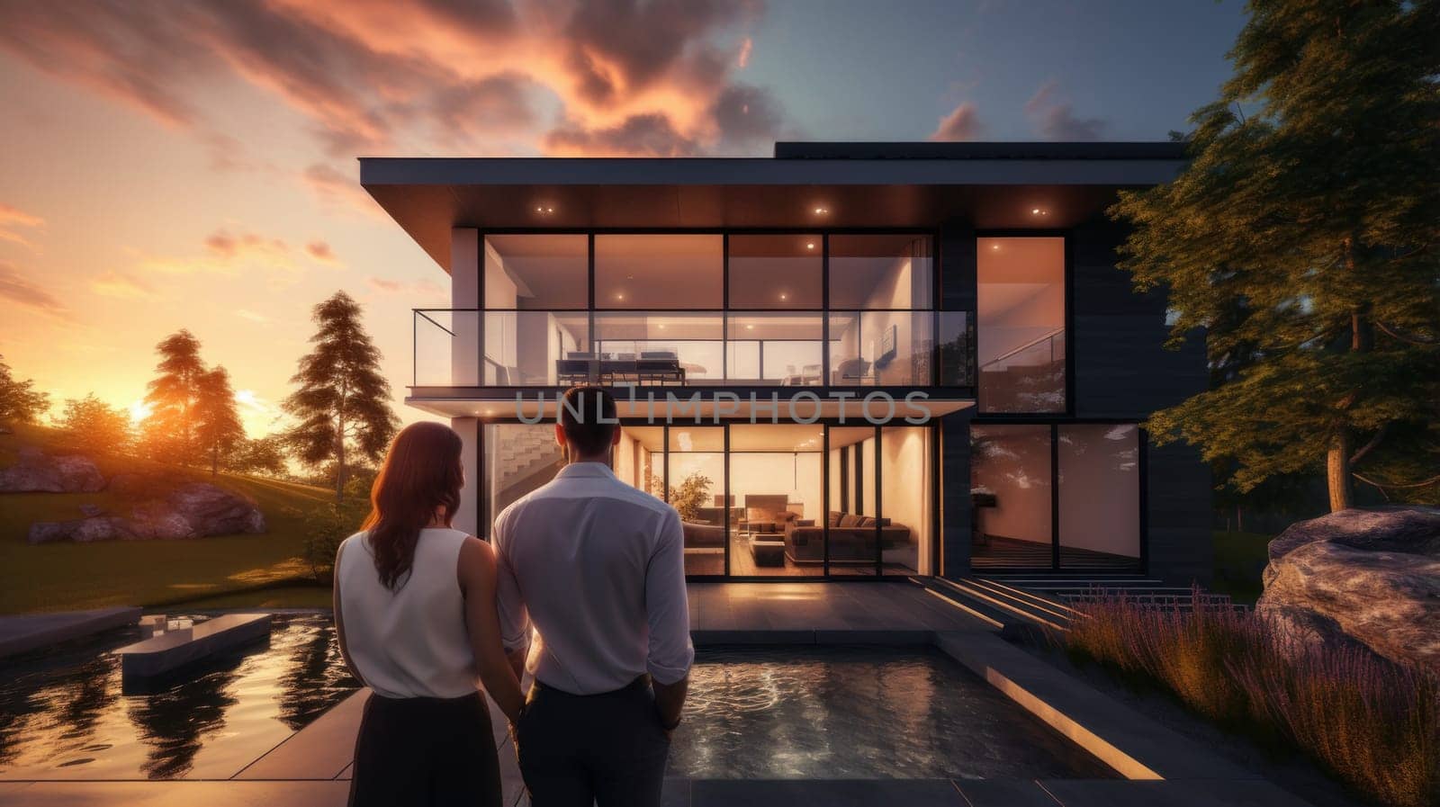 Back portrait of a young couple standing and hugging, happy in front of their new home to start a new life. Moving new house, housewarming, lending young family, housewarming in a new house, loan or leasing from bank, real estate, for commercial use