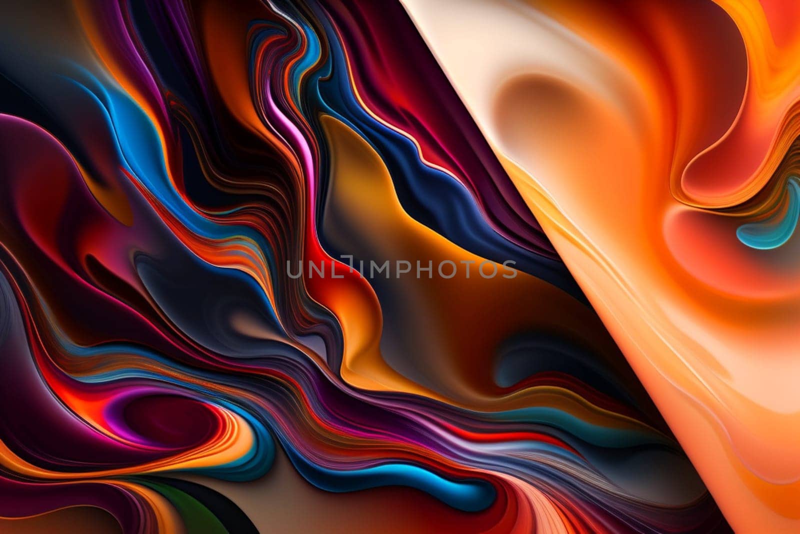 Spread-out acrylic paint. Abstract background, made in the technique of fluid art. Fashionable colorful background in warm colors. Generative AI