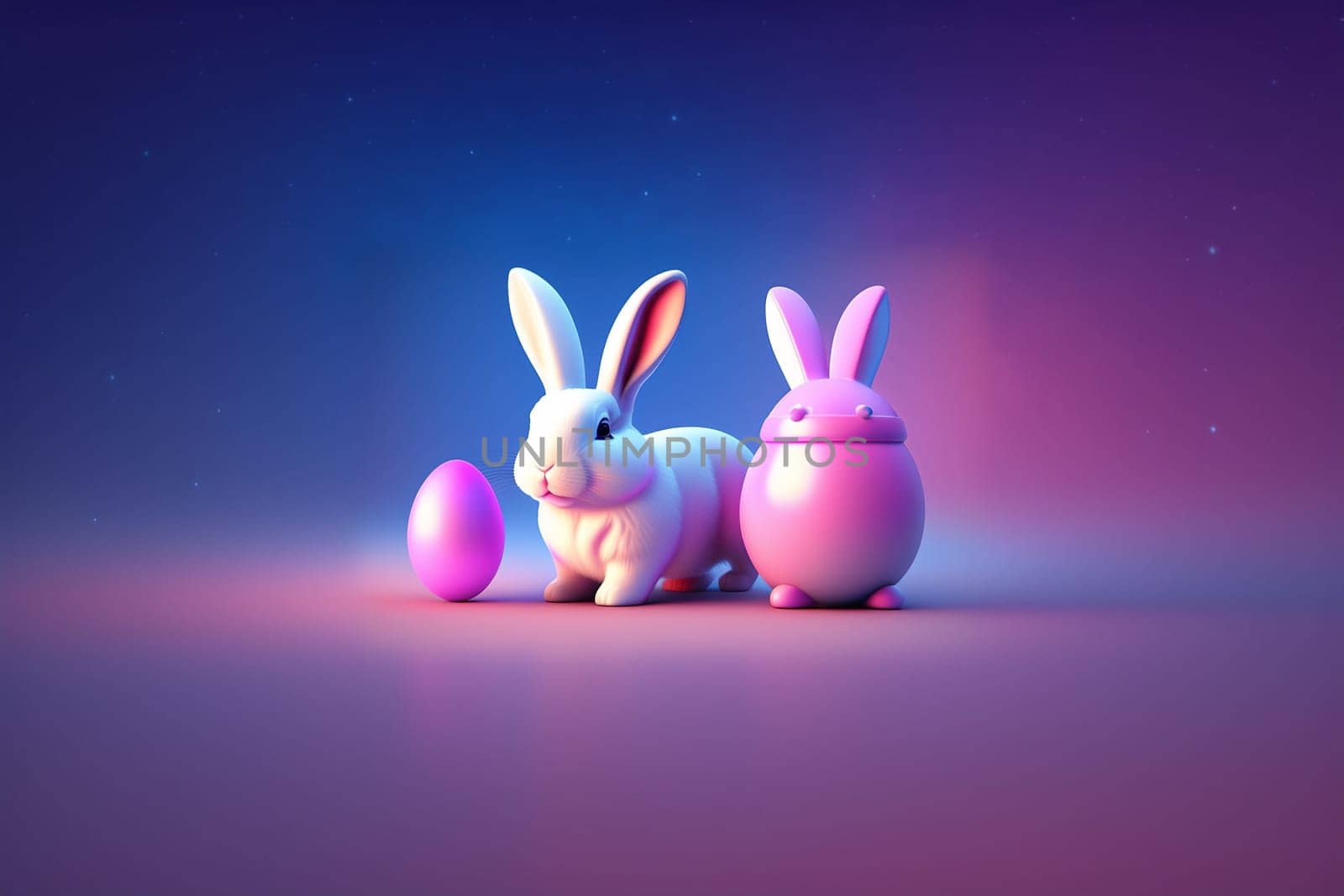 Easter bunny with Easter eggs in neon pink and blue light in 3d style. Happy Easter Concept. AI generative.