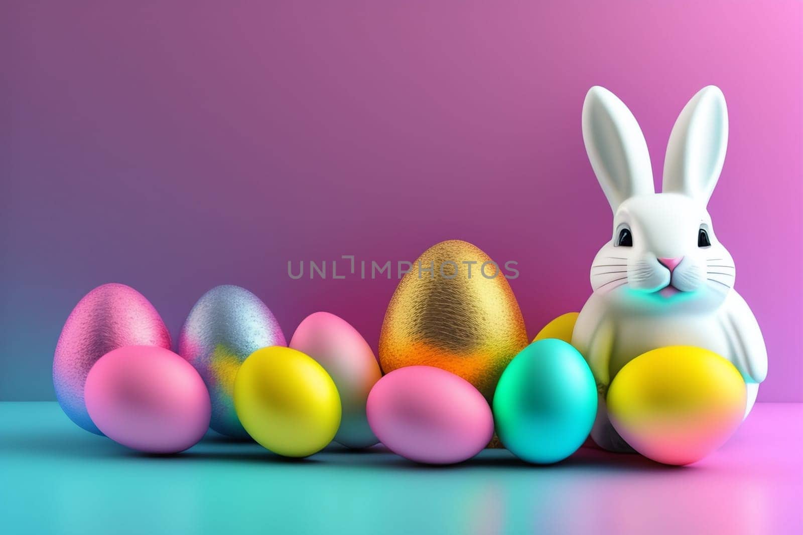 Easter bunny and colorful Easter eggs in pastel colors. Happy Easter concept. AI generative.