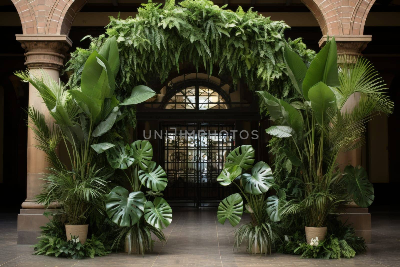 Elegant tropical wedding arch decor in beautiful green jungle setting for memorable ceremony