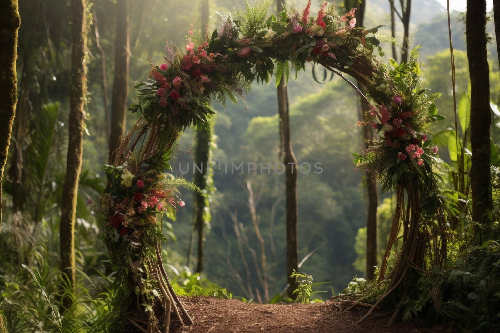 Exquisite tropical wedding arch decor amidst lush green jungle setting for unforgettable ceremony