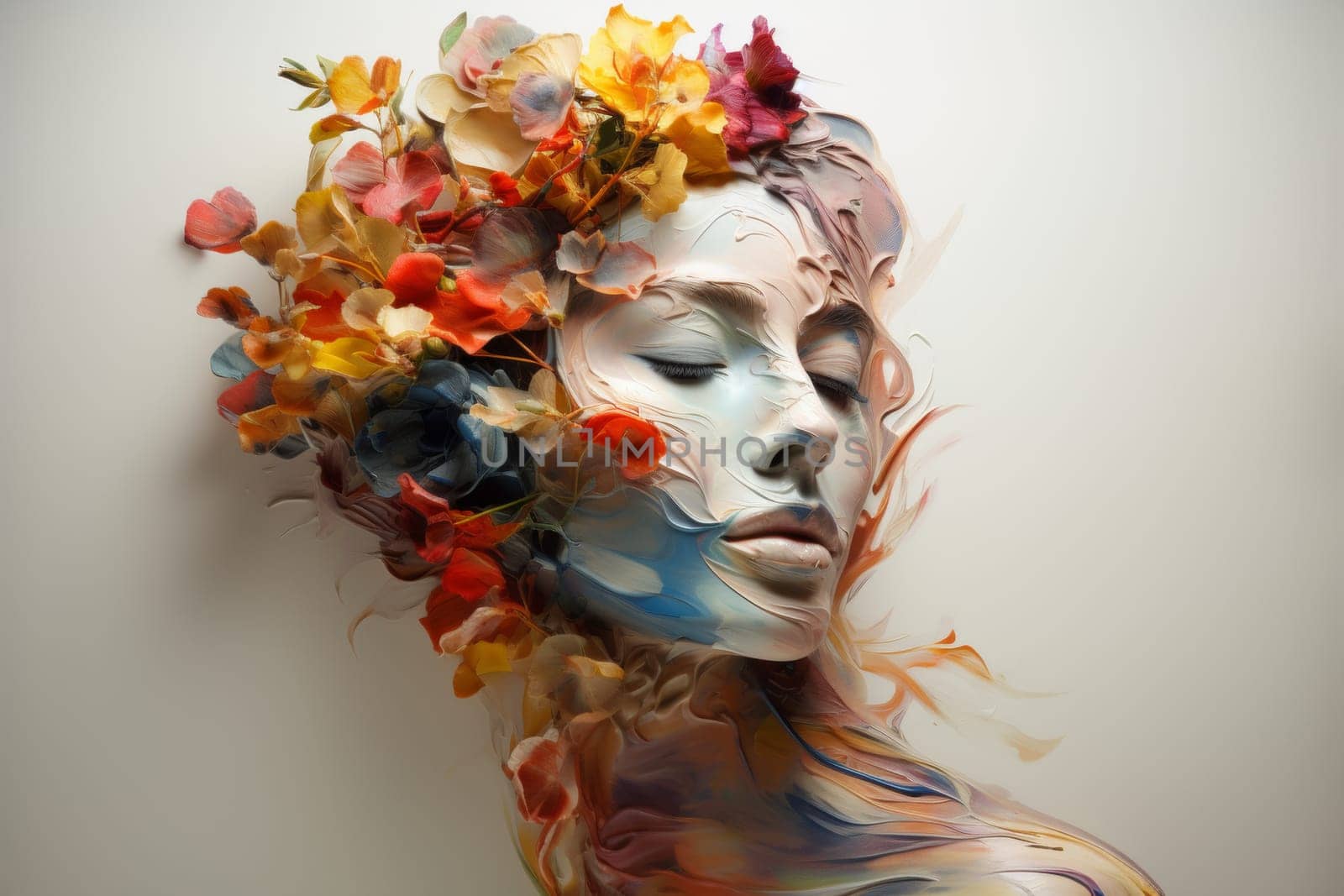 Artistic double exposure of woman with beautiful spring flowers superimposed on her face