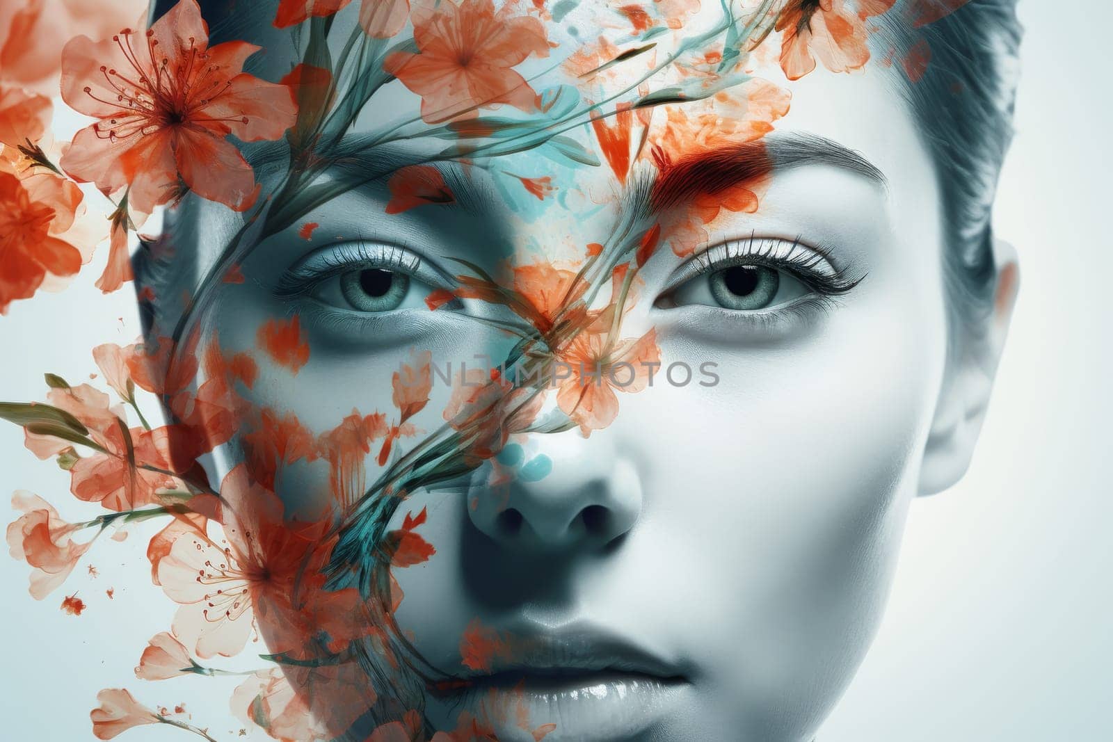 Double exposure portrait of a beautiful woman with bright spring flowers superimposed on her face