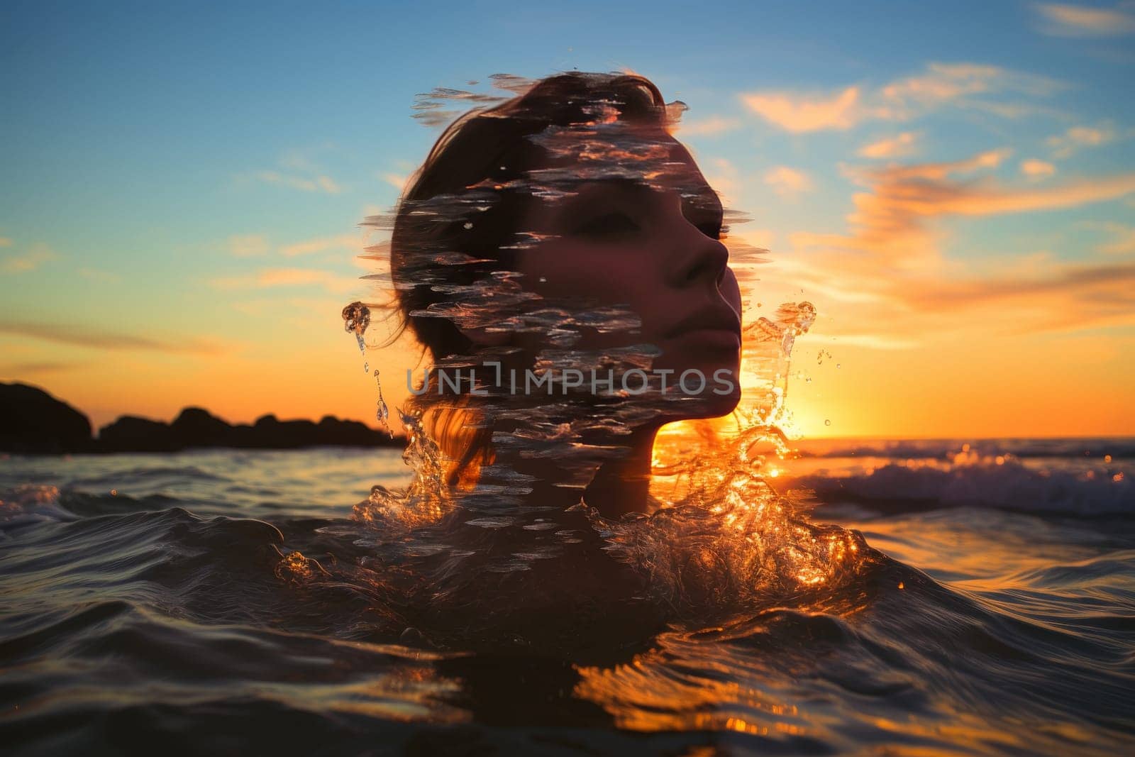 Double exposure of womans silhouette against stunning vibrant ocean sunset, tranquil beauty