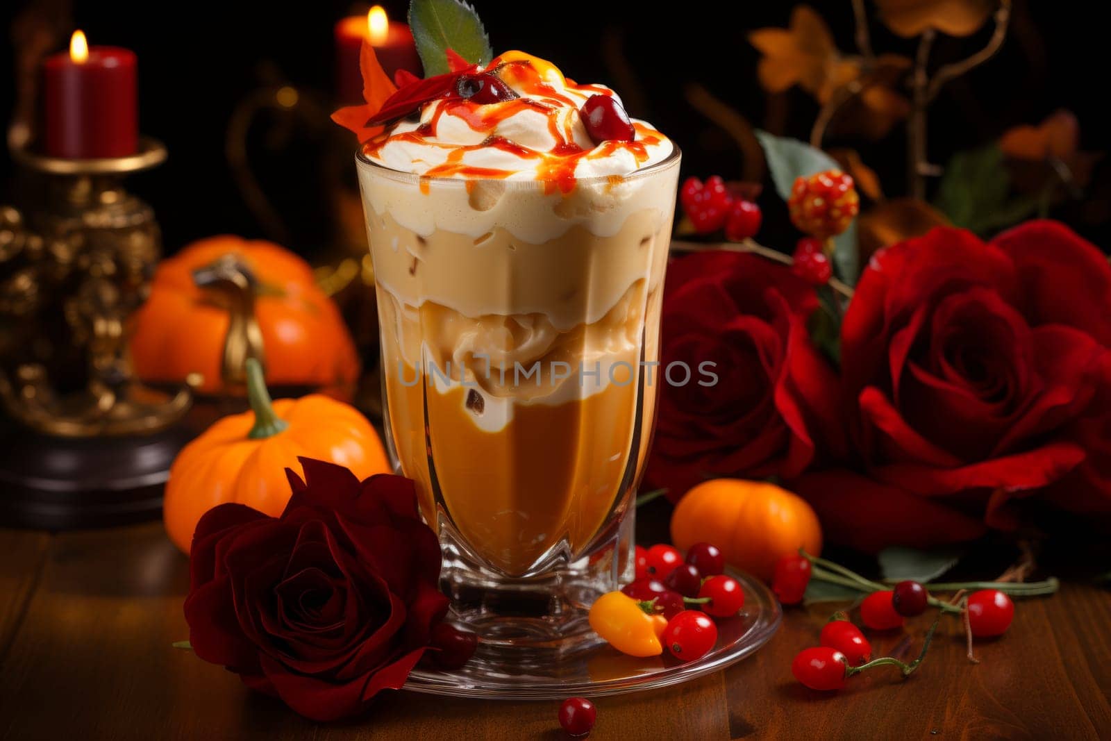 Stylishly presented cold latte with chili pepper in a cozy and vibrant cafe ambiance