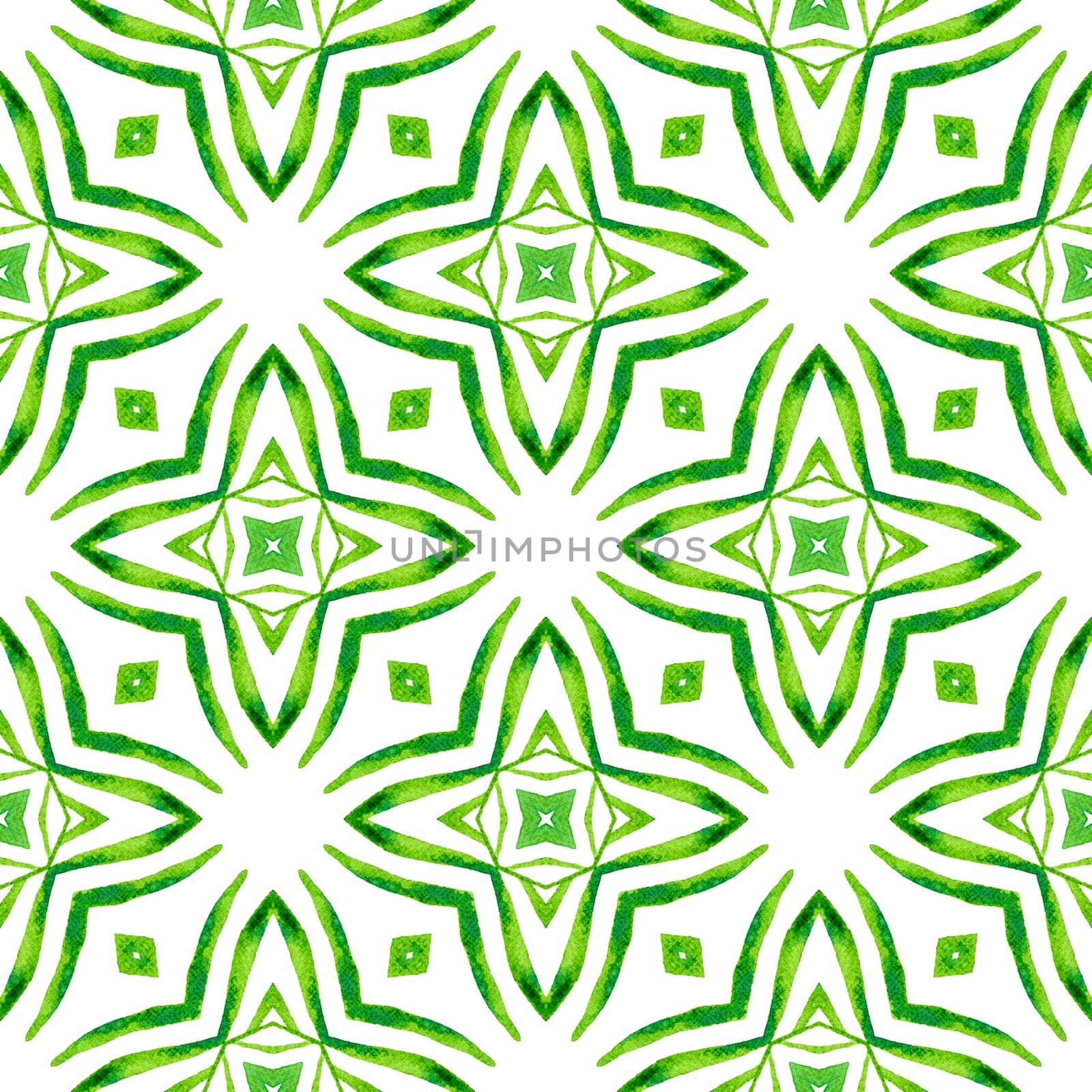 Tiled watercolor background. Green terrific boho chic summer design. Textile ready pleasant print, swimwear fabric, wallpaper, wrapping. Hand painted tiled watercolor border.