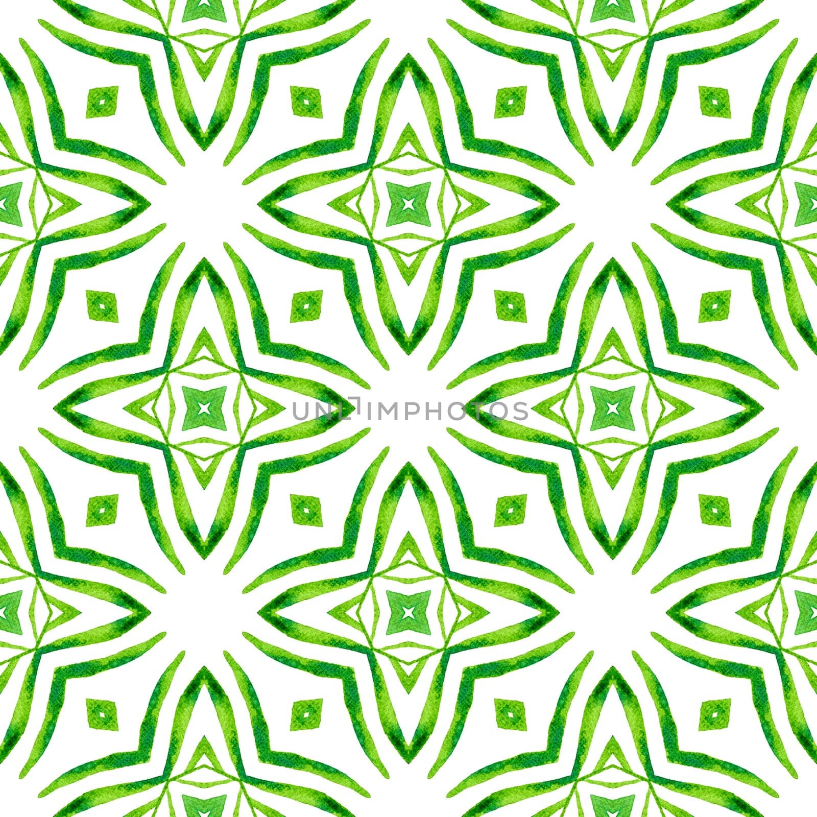 Tiled watercolor background. Green terrific boho chic summer design. Textile ready pleasant print, swimwear fabric, wallpaper, wrapping. Hand painted tiled watercolor border.