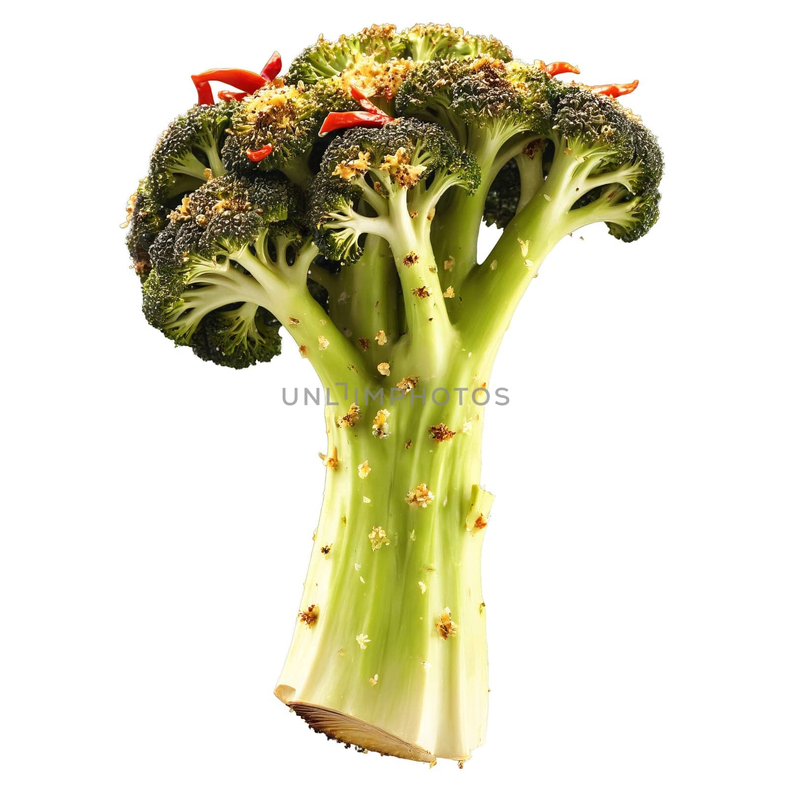 Garlic Parmesan roasted broccoli crisp tender golden brown shaved Parmesan red pepper flakes Culinary and. Food isolated on transparent background