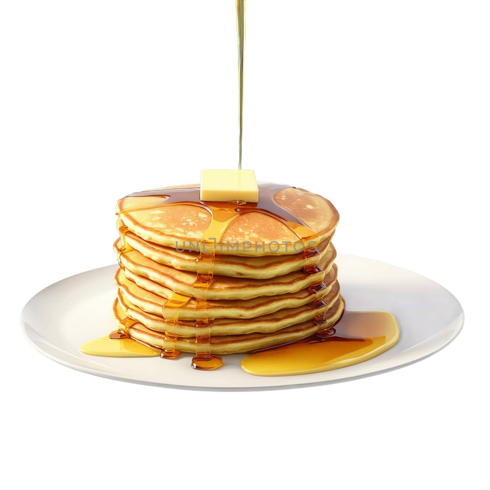 Pancakes stack in glass dish maple syrup pouring butter melting Food and Culinary concept. Food isolated on transparent background.