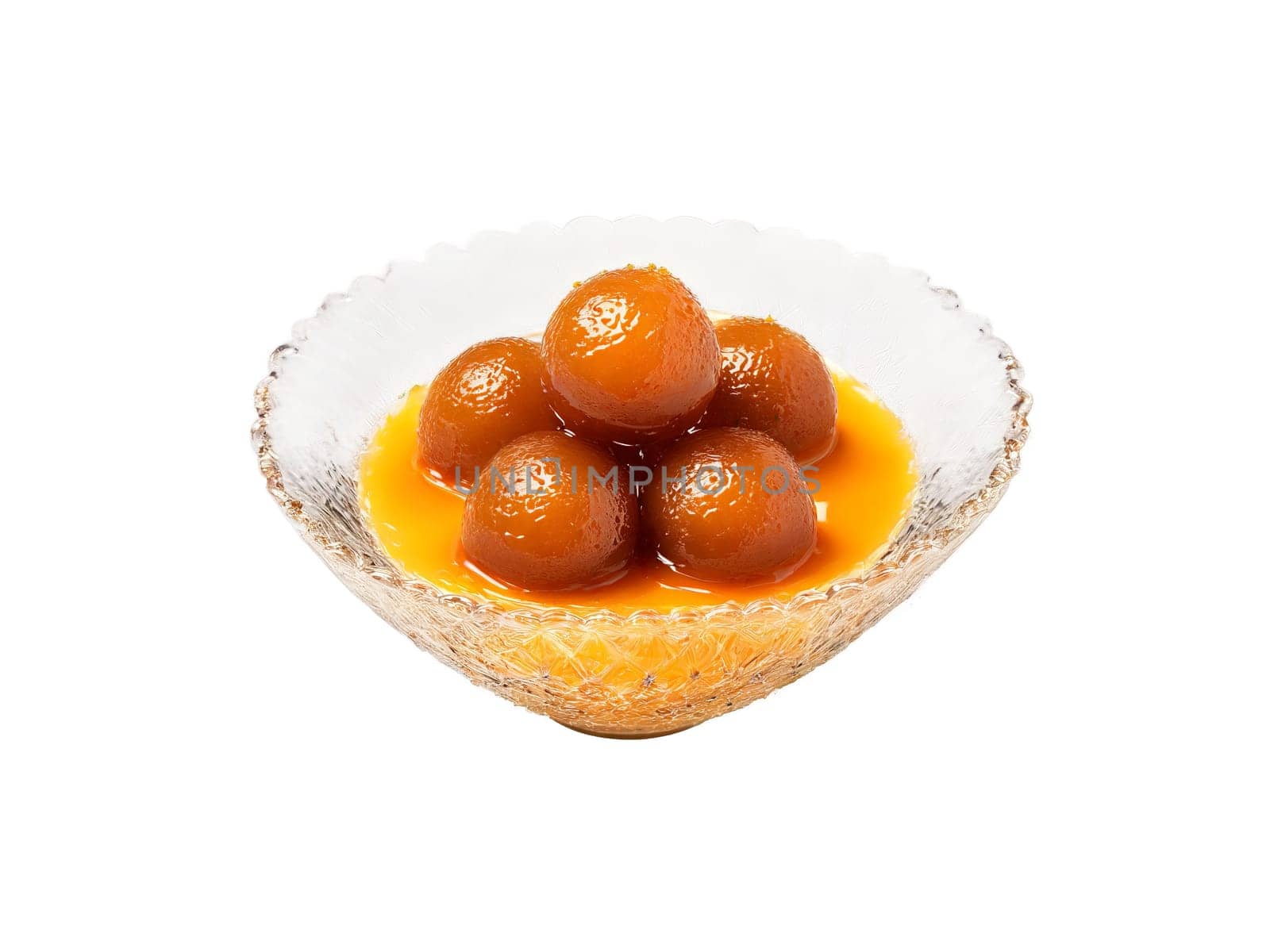 Gulab Jamun with Orange Syrup Soft gulab jamuns soaked in an orange flavored syrup served. Food isolated on transparent background.