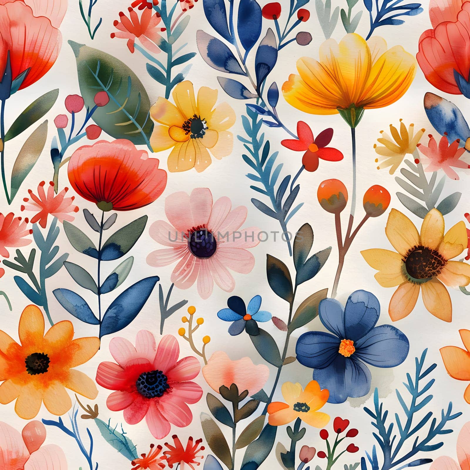 a seamless pattern of colorful flowers and leaves on a white background High quality