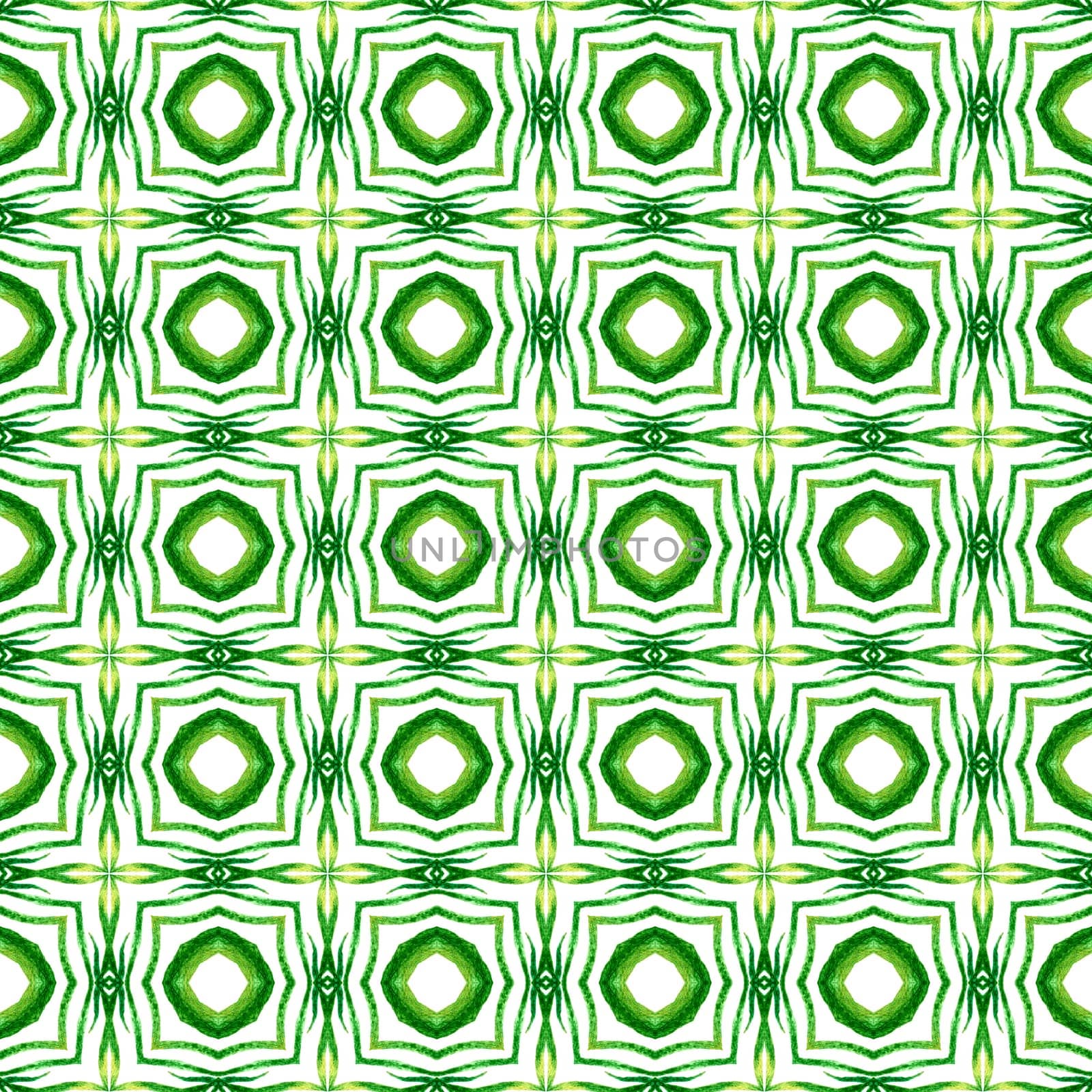 Ethnic hand painted pattern. Green lively boho chic summer design. Textile ready fetching print, swimwear fabric, wallpaper, wrapping. Watercolor summer ethnic border pattern.
