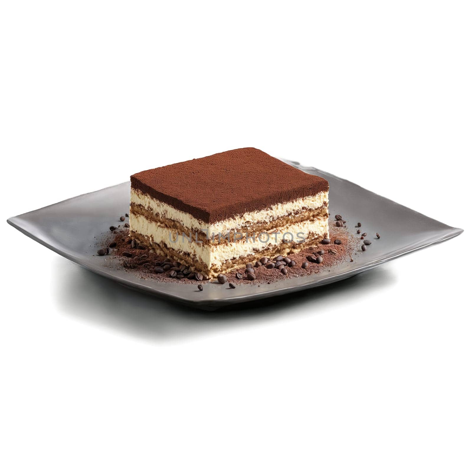 Tiramisu with cocoa powder dusting and coffee splash in background Food and culinary concept. Food isolated on transparent background.